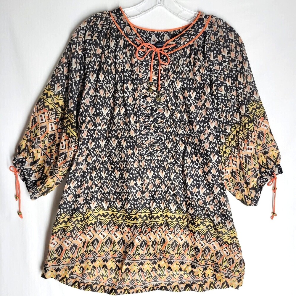 French Connection Women's Blouse Abstracted Print Tie Neck 3/4 Sleeve Size 4